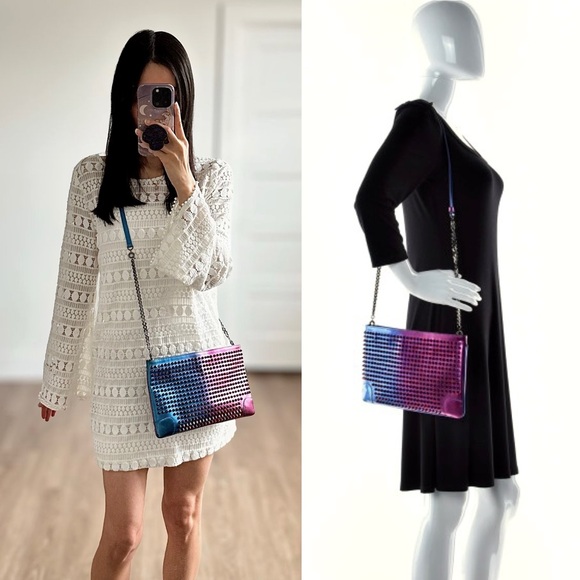 ✨CHRISTIAN LOUBOUTIN Loubiposh Patent Scarabe Spikes Chain Clutch Bag Rose Blue - Picture 16 of 16